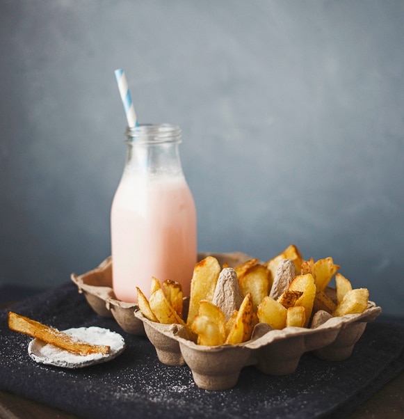 Homemade french fries and milkshake