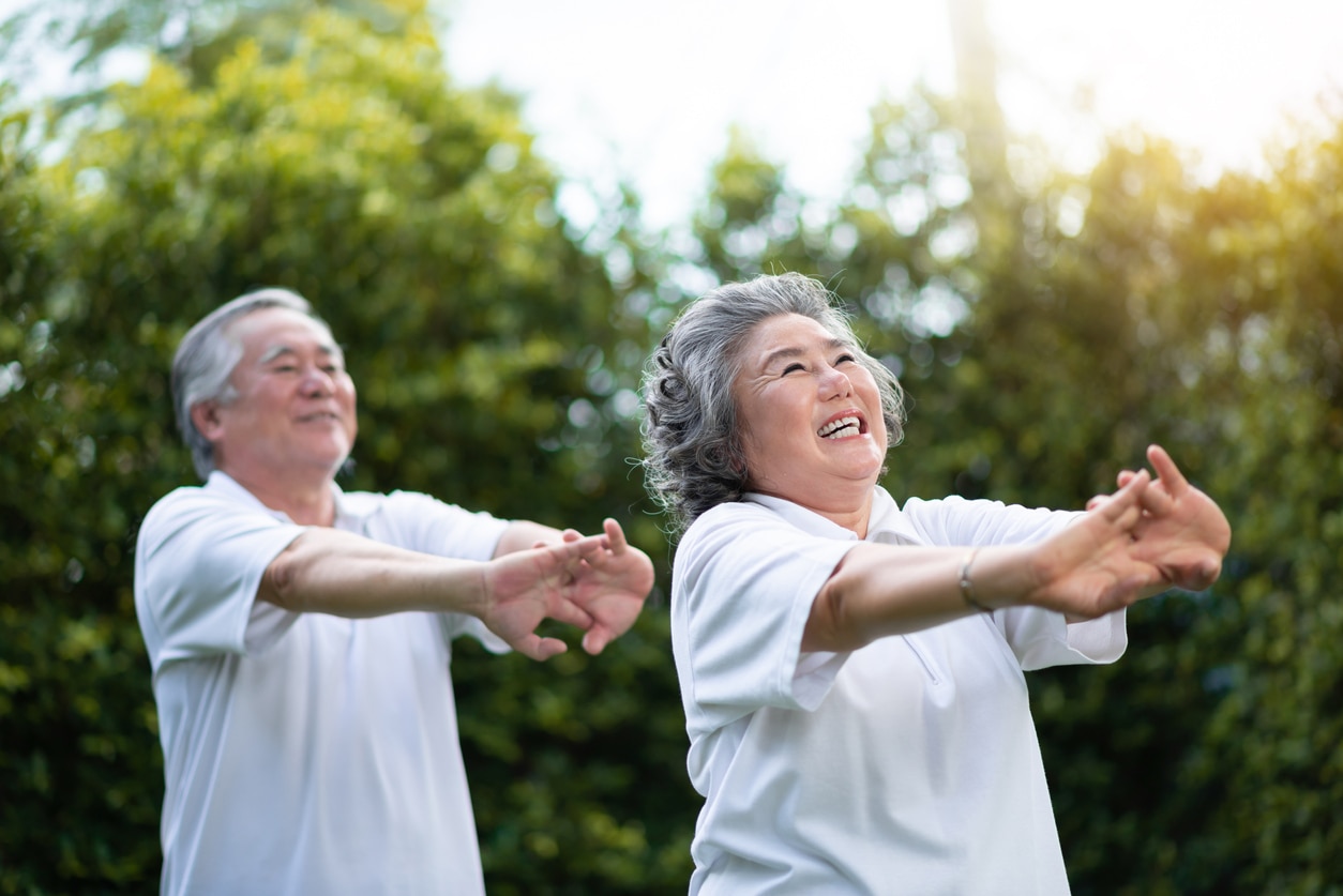 Exercise helps prevent ageing. Happy Asian senior couple stretching hands before exercise at park outdoor. Smiling People in white shirts.