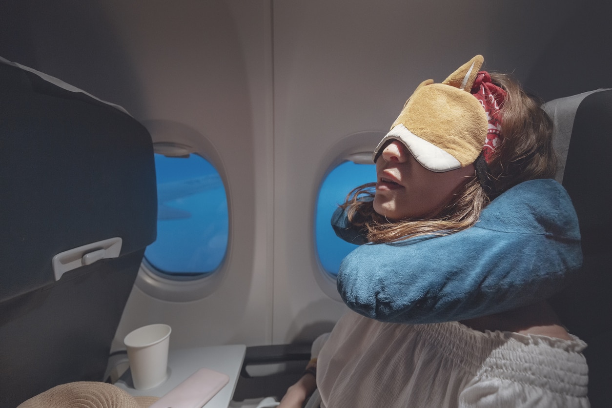 long-haul neck pillow, eye mask, earplugs