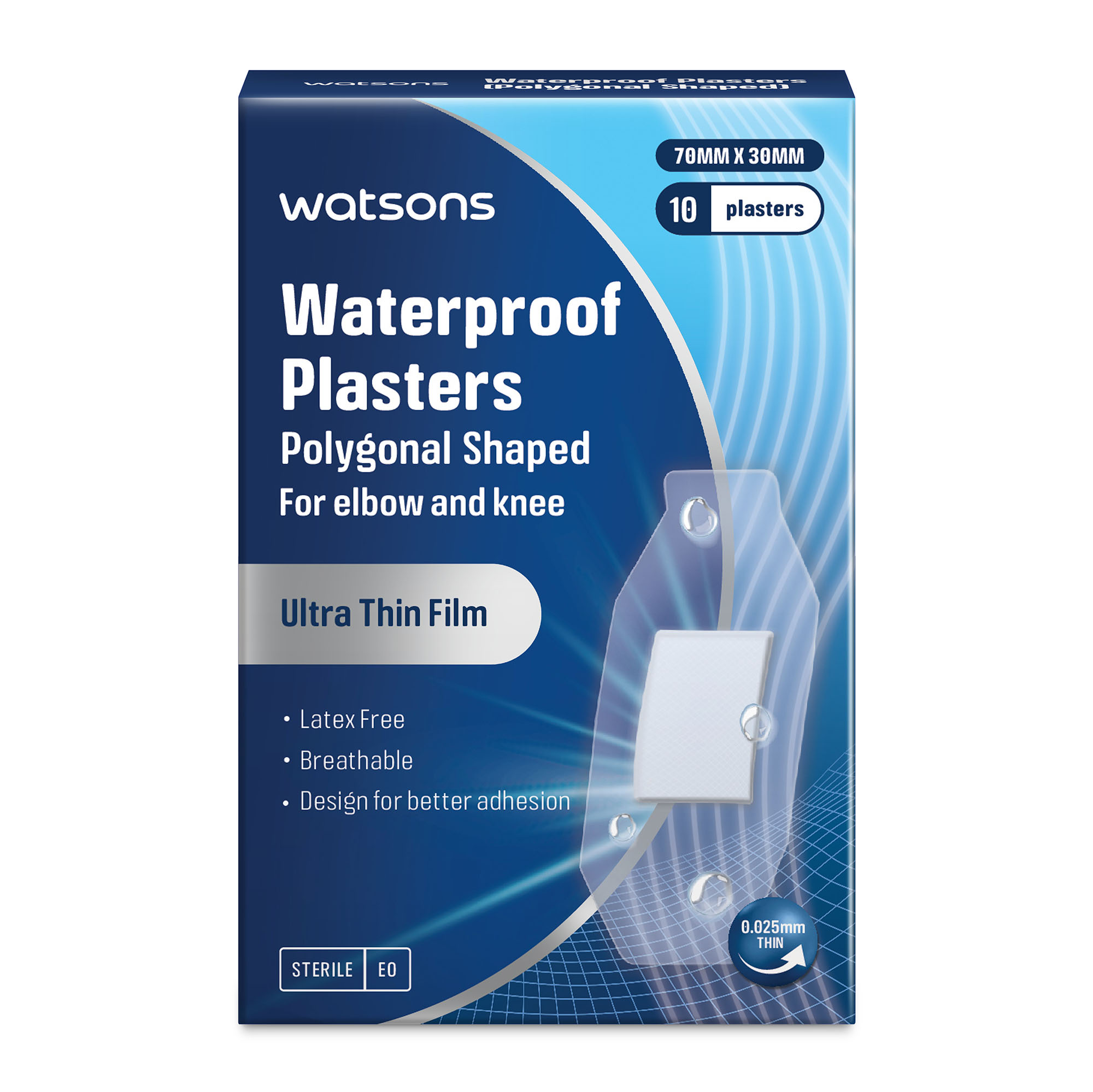 WATSONS Waterproof Plasters Polygonal Shaped For Elbow And Knee 70mm X 30mm 10s